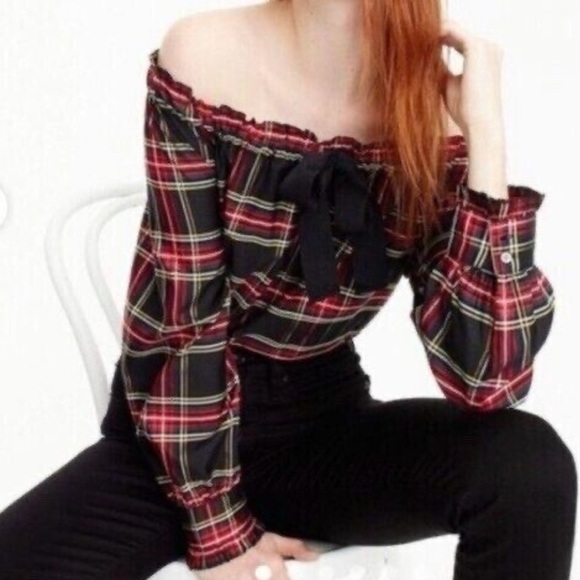 J. CREW | Stewart Tartan Plaid Off-Shoulder Adjustable Tie Blouse - Picture 6 of 6